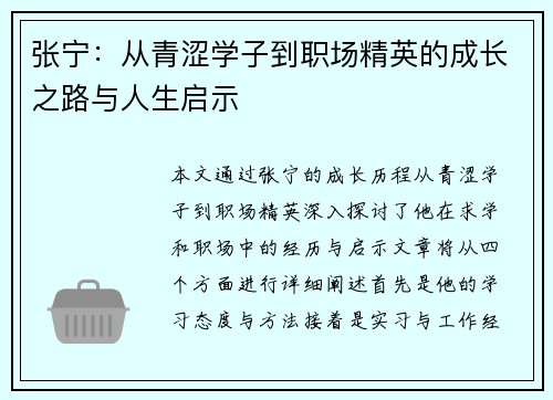 张宁：从青涩学子到职场精英的成长之路与人生启示